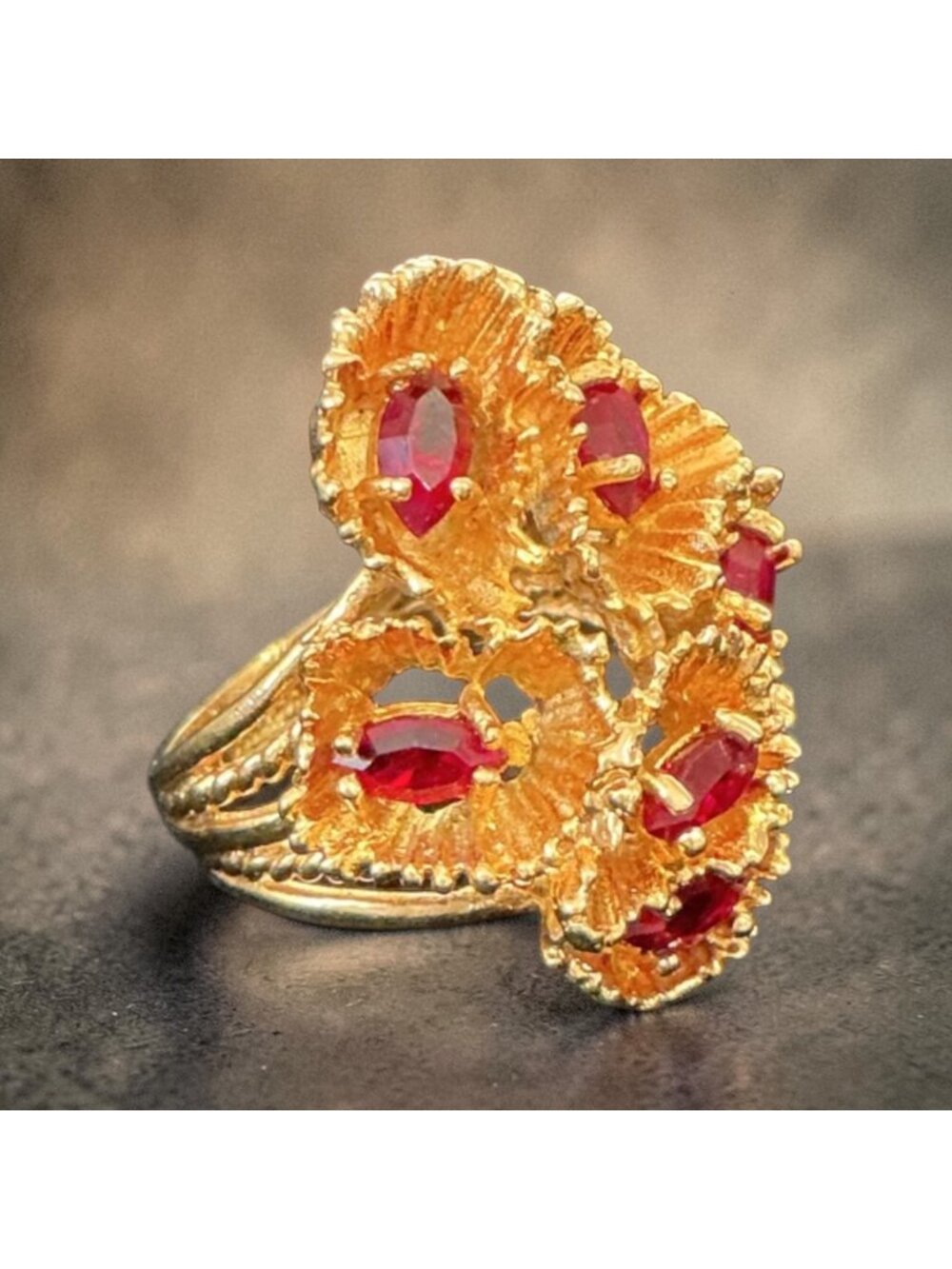18K Gold HGE Esco Gold Filigree Cocktail Ring With Faux Ruby Accents Size 5.75